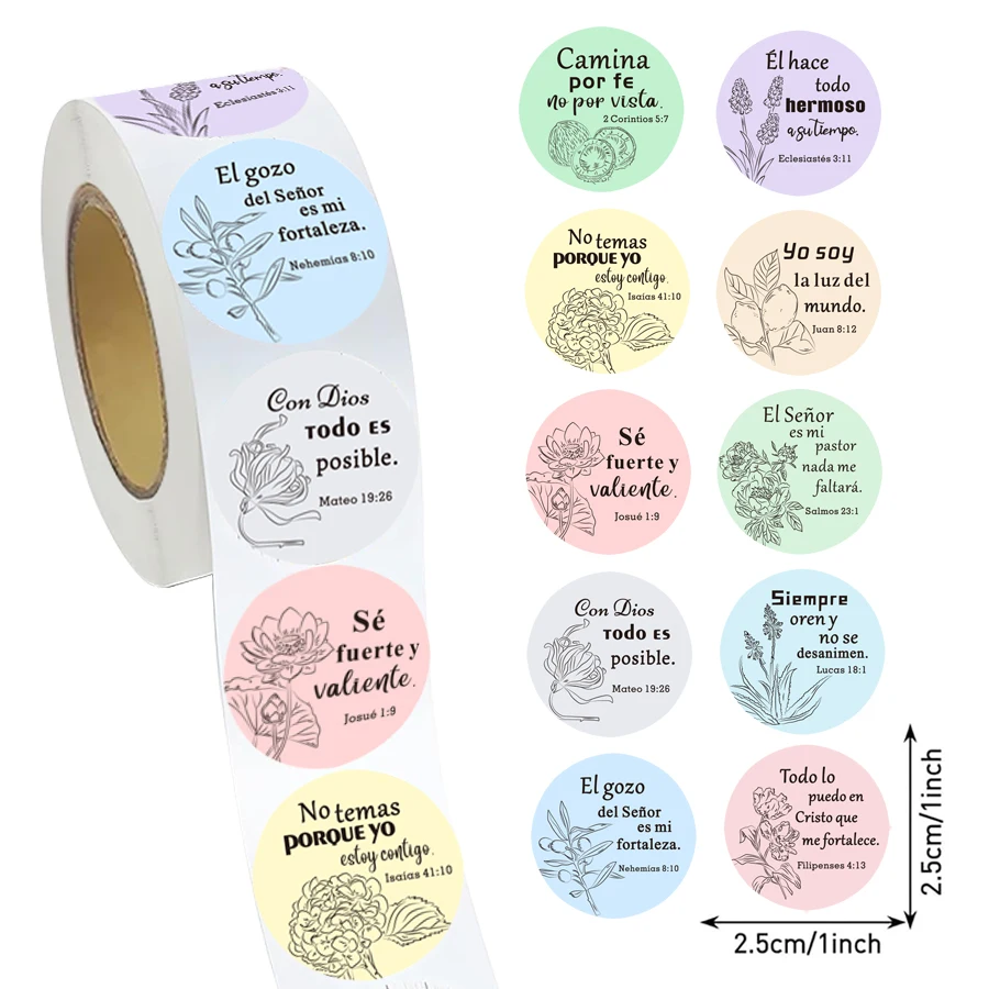 500 Pcs Spanish Bible Verse Stickers Roll – Pastel Round Scripture Labels with Inspirational Spanish Verses