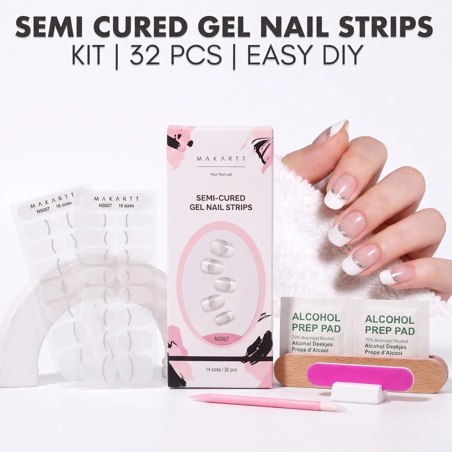 Semi Cured Gel Nail Strips White Solid Color Works with UV/LED Lamps Salon Long Lasting Easy Apply Remove 2 Prep Pads File Stick