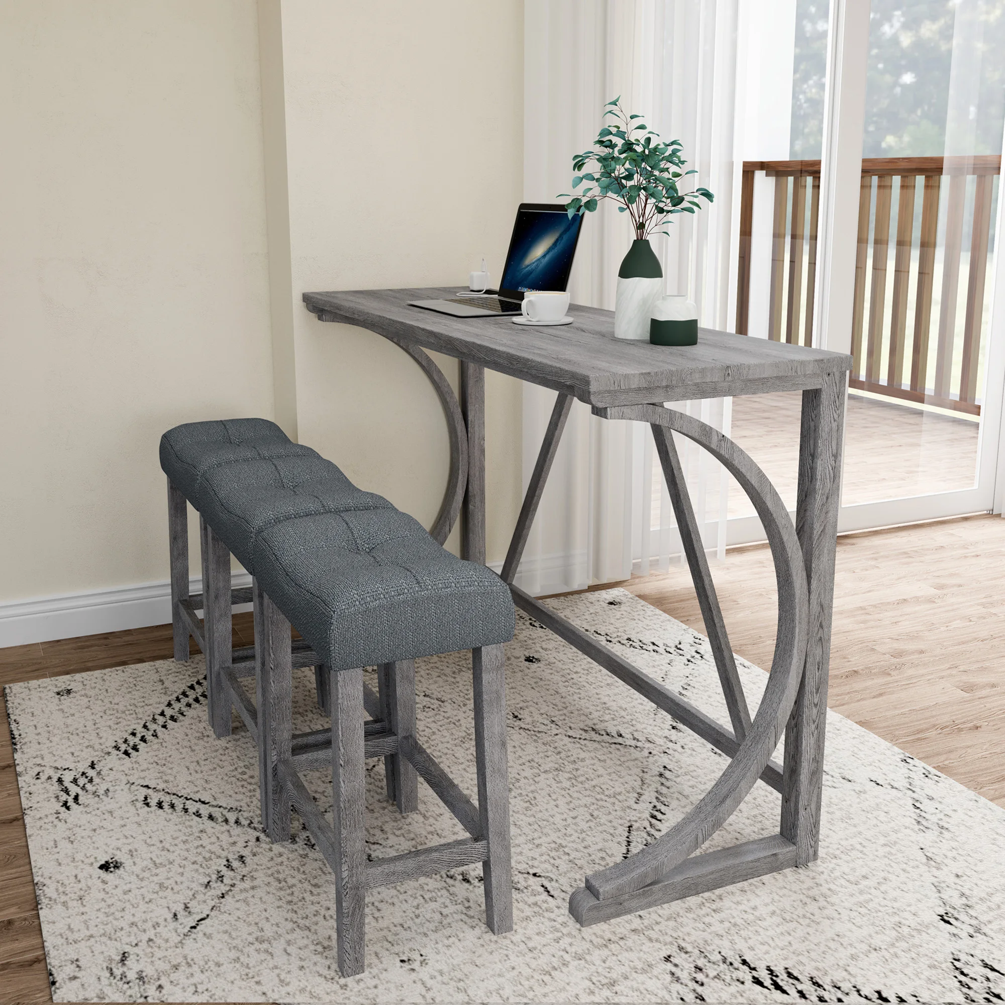 Home lovers; this industrial breakfast table set, bar table and chairs with electrical outlets, provides a perfect match for the