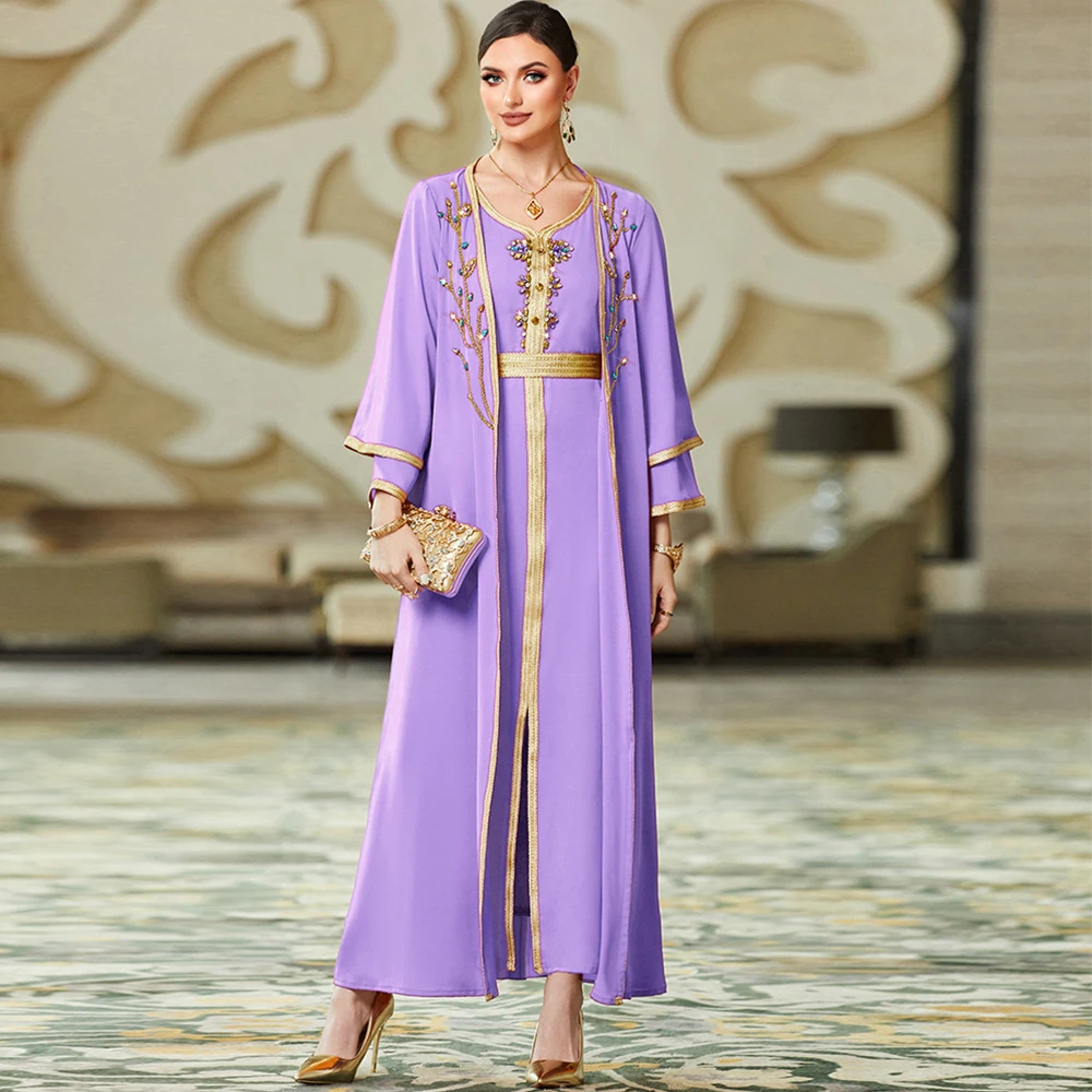 

Chic Muslim Evening Dress 2 Piece Set A-Line Ankle-Length Long Sleeve with Beading and Diamond Crystal Women Wedding Party Gowns