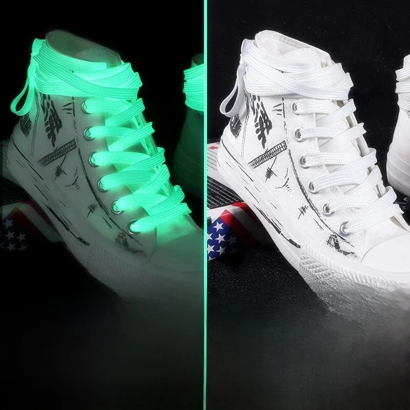 1 para świecących sznurowadeł płaskie trampki płócienne sznurowadła świecące w ciemności nocny kolor fluorescencyjne sznurowadła 80/100/120/140cm — zdjęcie 2