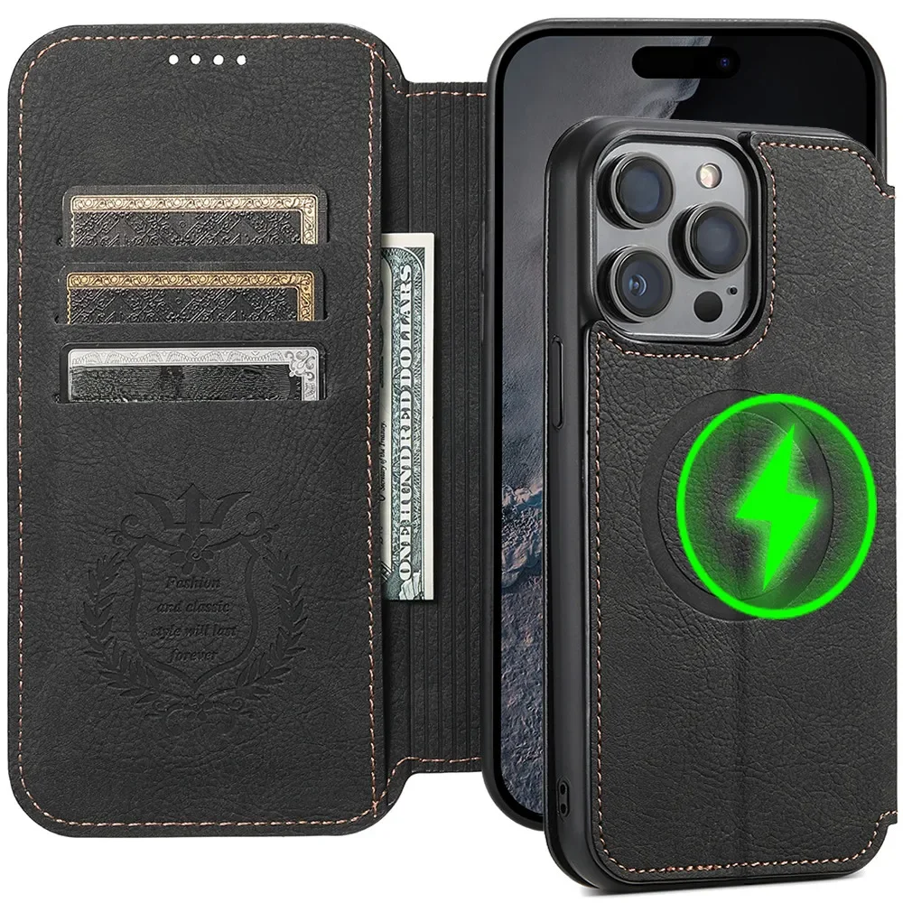 Magnetyczne etui portfel ze skóry z funkcją ładowania bezprzewodowego do iPhone'a 17 16 15 14 Pro Max 13 12 z podpórką i przegródkami na karty, kompatybilne z MagSafe — zdjęcie produktu 7