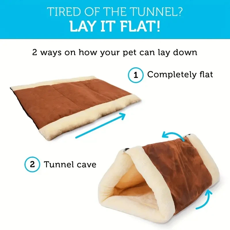 Cat Bed 2-in-1 Fleece Tunnel Tube Cave For Indoor Cats Kitten, Pet Self Warm Covered Mat Pad, Soft Portable Folding Pet Mat