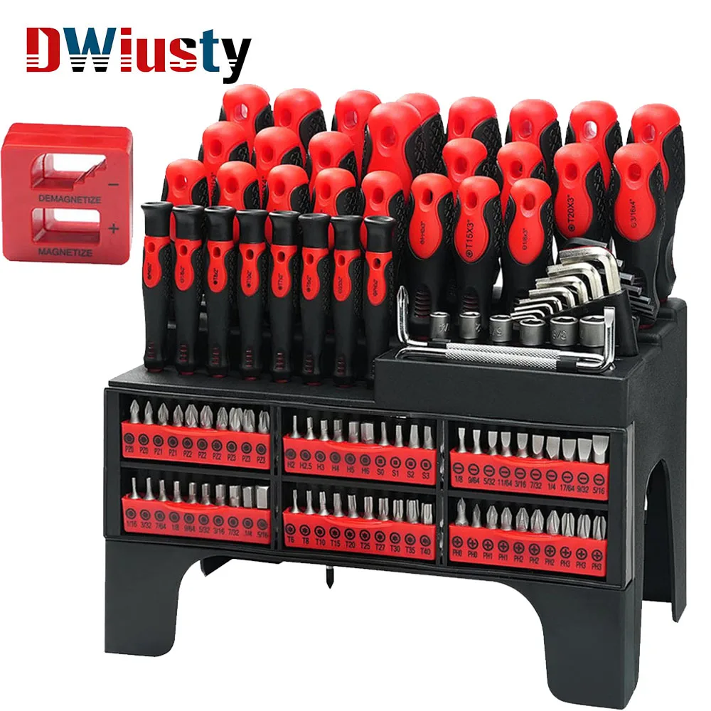 DWiusty 117pc Set di cacciaviti manuali con smagnetizzatore Kit di strumenti di riparazione per scatole con telaio in plastica rossa Accessorio per moto