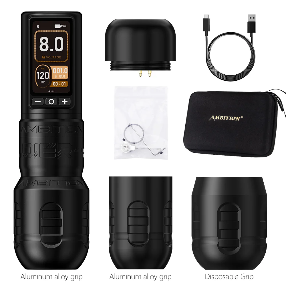 Ambitie Soldaat 270 Draadloze Tattoo Machine 4.0mm + 4.5mm Slag Borstelloze Motor Pen Professionele 2400mAh Batterij grip 34 + 42mm