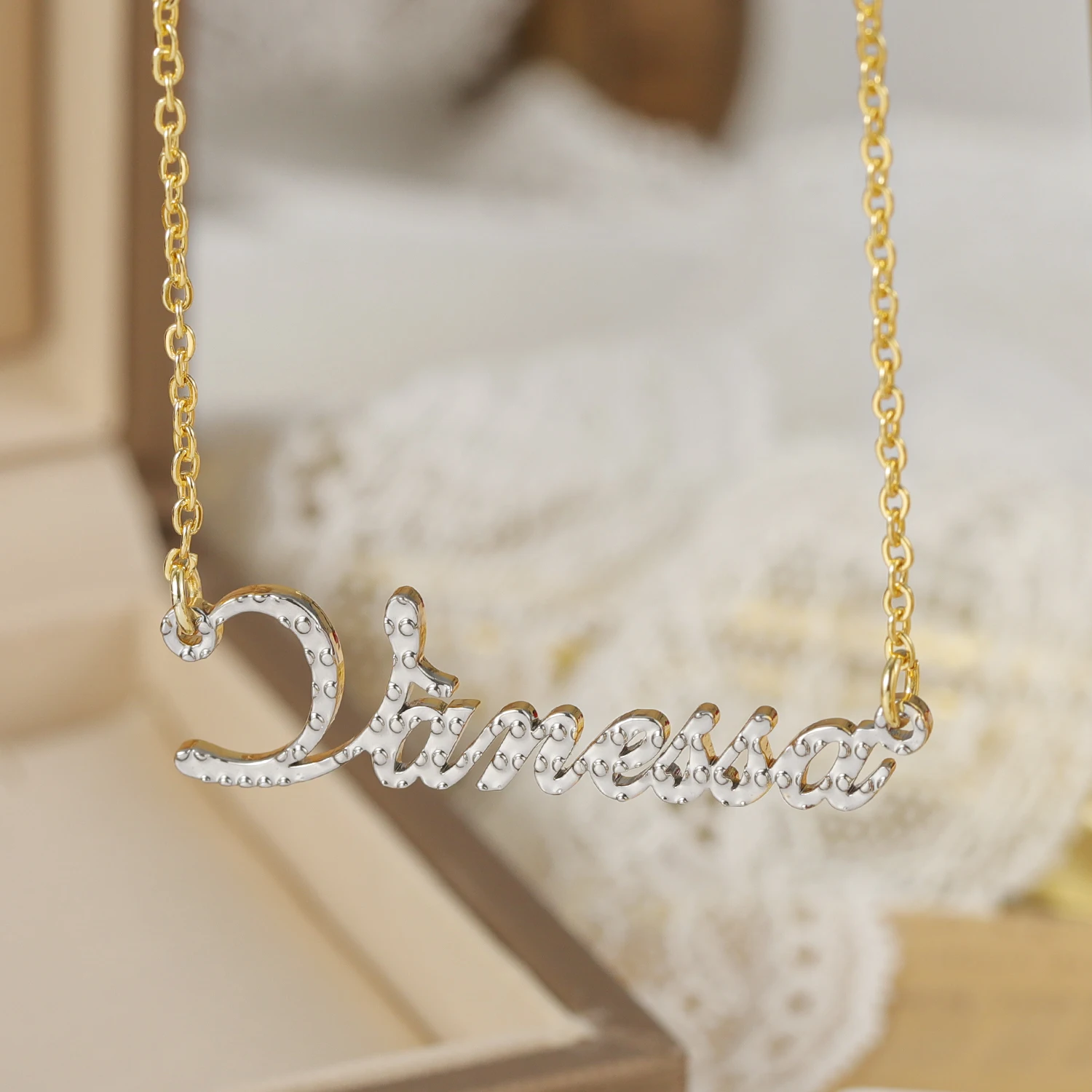 

Monochrome Corroded Custom Cut Name Necklace Stainless Steel Horizontal Pendant Gift For Women Jewelry Valentine's Day Gift