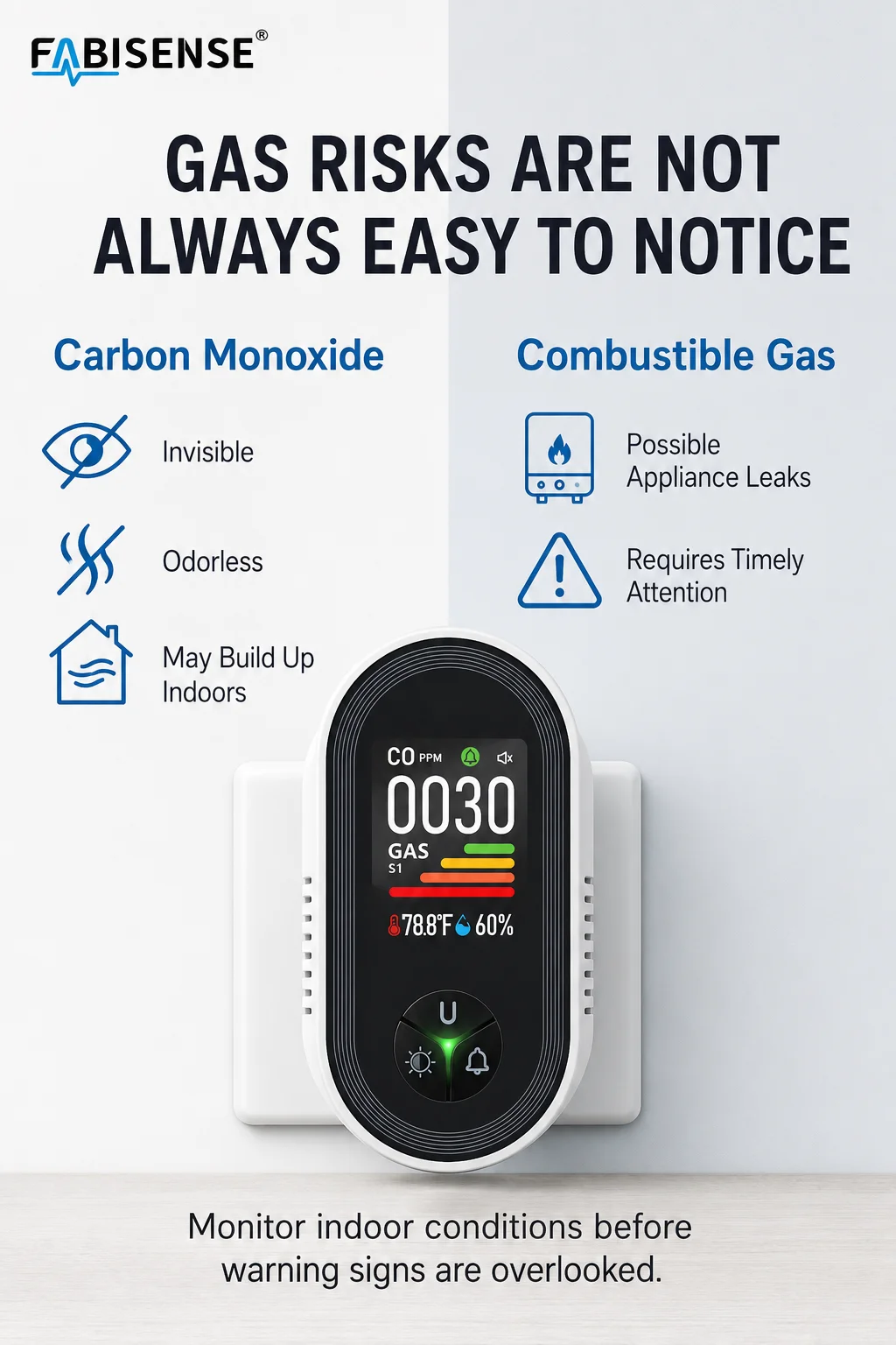 FABISENSE 4-in-1 Plug-in-Kohlenmonoxid- und Gasdetektor, CO-Alarm, Gasanalysator-Display mit Feuchtigkeits-/Temperatursensor für Zuhause – Detail 2