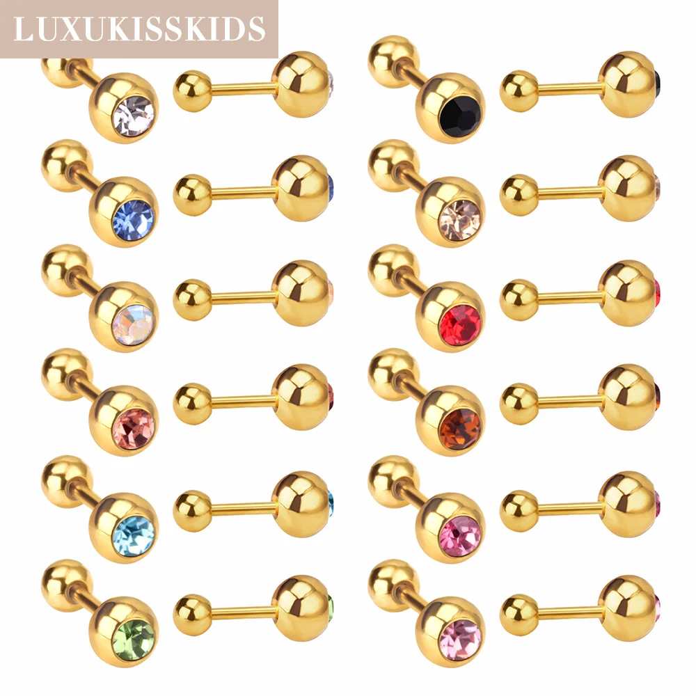 LUXUKISSKIDS Classic Colourful Stud Earrings 12pairs/Lot For Women/Girls Stainless Steel 5MM Round Cubic Zirconia For Daily Wear