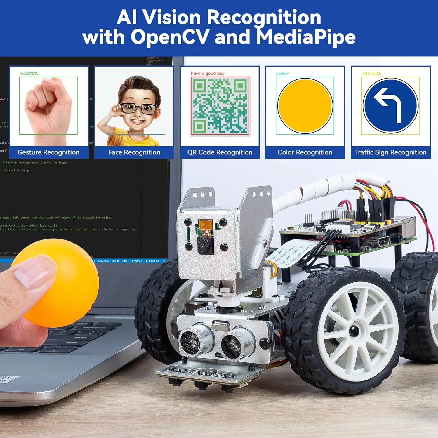 Kit de Carro Robô Inteligente CC SunFounder Picar-X AI para Raspberry Pi 5/4/3B+/Zero 2w, Openclaw LLMs ChatGPT/Gemini/Grok Python, Scratch