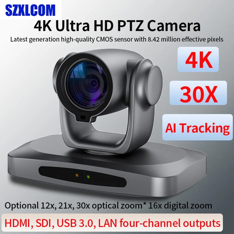 SZXLCOM 4K PTZ Conference Camera 12x/21x/30x Optical Zoom NDI POE HDMI USB AI Auto-Tracking for Telemedicine/Church Live/Office