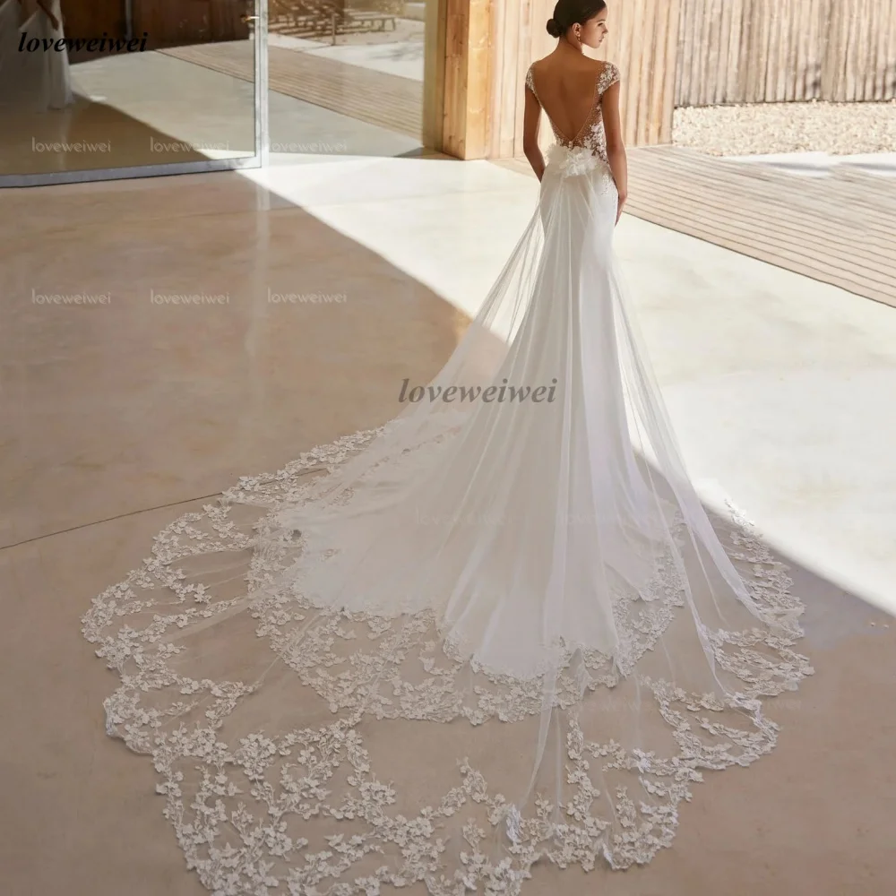 Abiti da sposa classici eleganti a sirena personalizzati Appliques maniche ad aletta Abiti da sposa senza schienale Abito da sposa vestido de novia