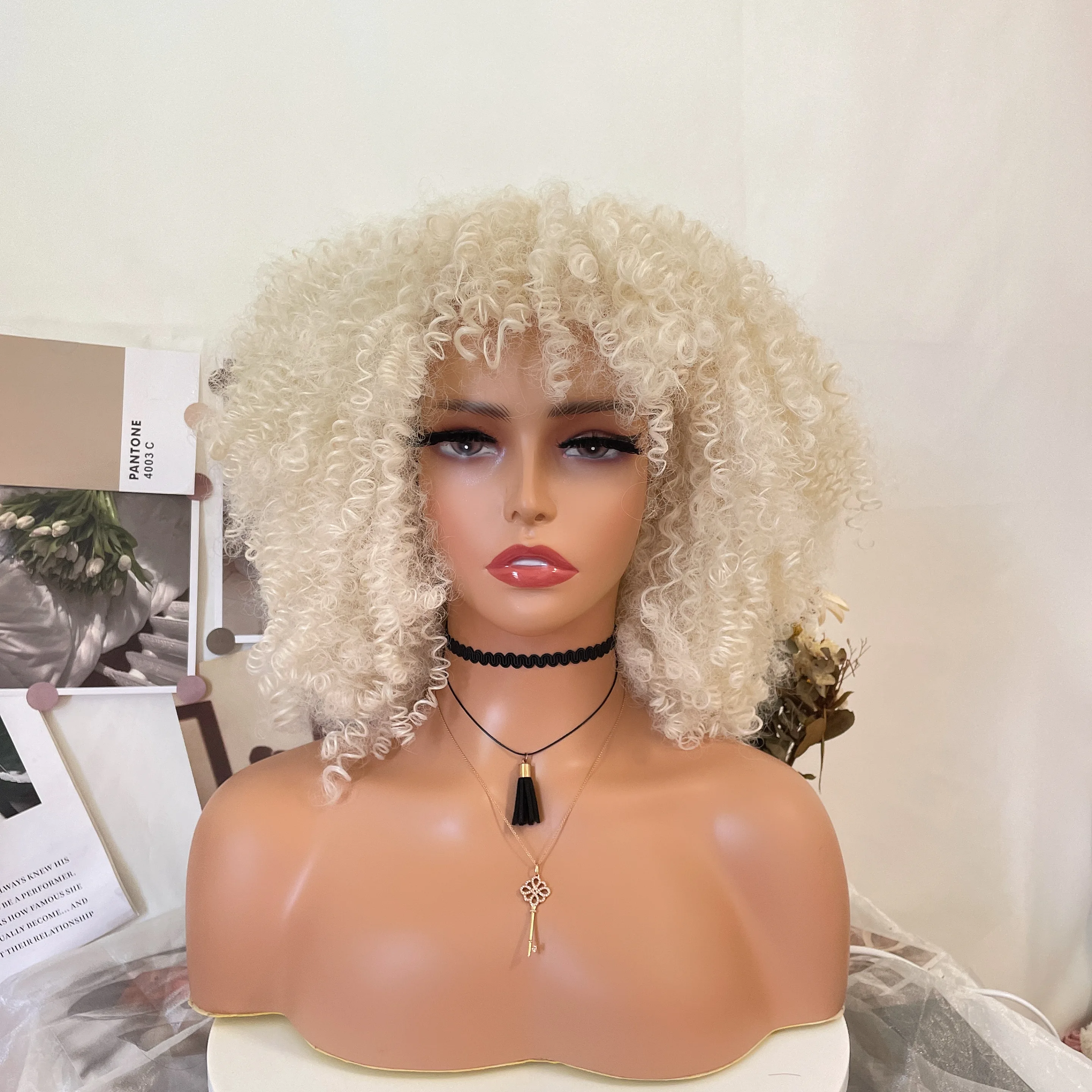 WIGERA Synthetic Curly Wigs For Black Women   Platinum  Afro Curly Wig With Bangs Short Kinky Curly Wigglueless