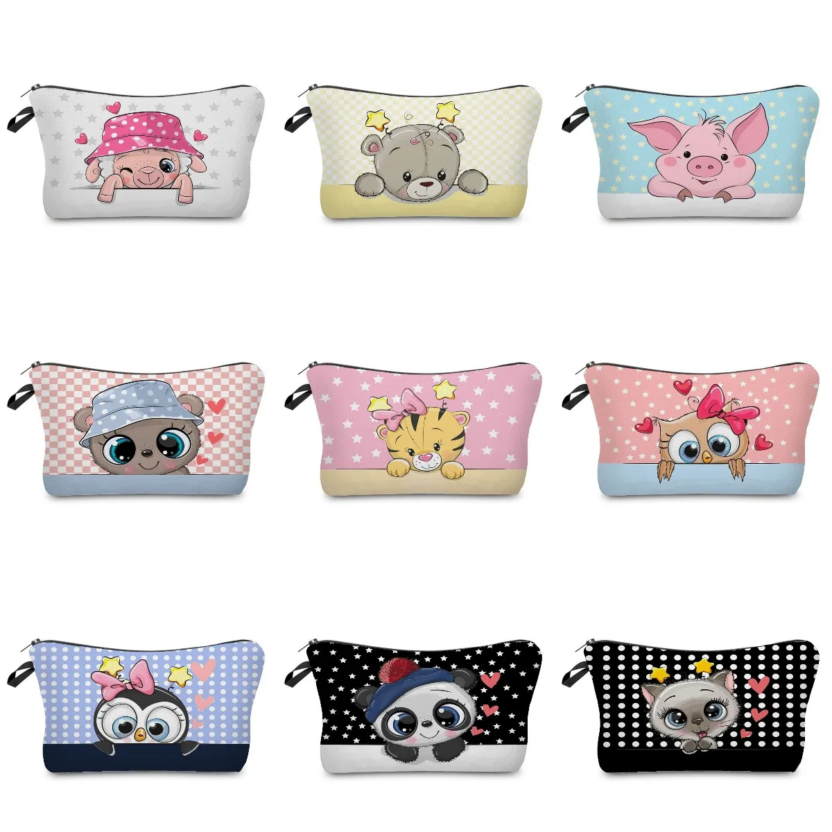 New Color Contrast Cartoon Animal Panda Tiger Owl Print Student Pencil Case Outdoor Travel Ladies Cosmetic Bag Trendy Makeup Bag