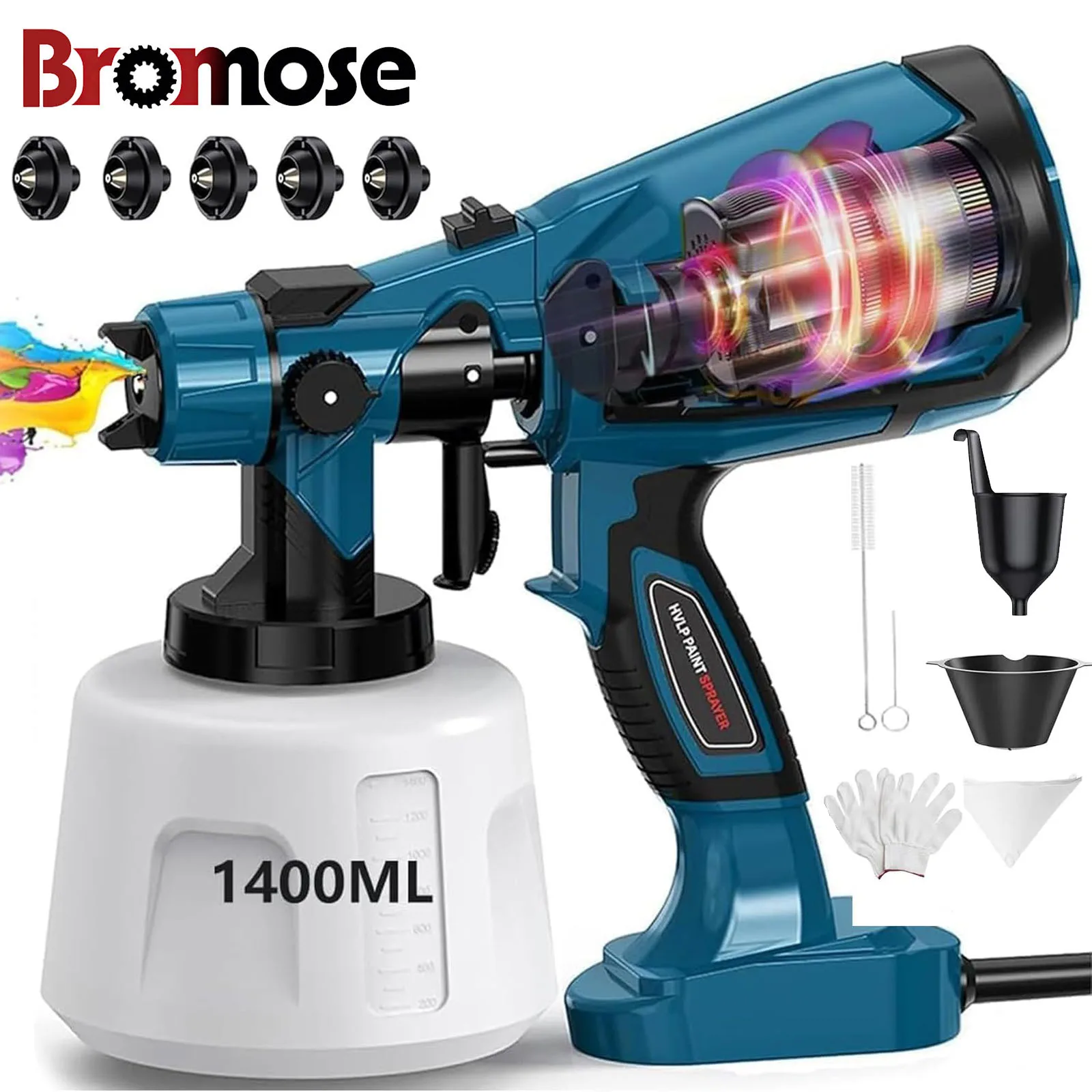 Bromose 1400ML Pistola a spruzzo elettrica Home Cordless Spruzzatore di vernice HVLP Auto Mobili Rivestimento in acciaio Aerografo 4 ugelli in rame