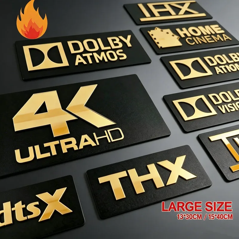 Goldene Spiegel-3D-Heimkino-Schilder |   4K Ultra HD, Dolby Atmos, DTS:X, THX, KRIX |   Acryl-Heimkino-Schild