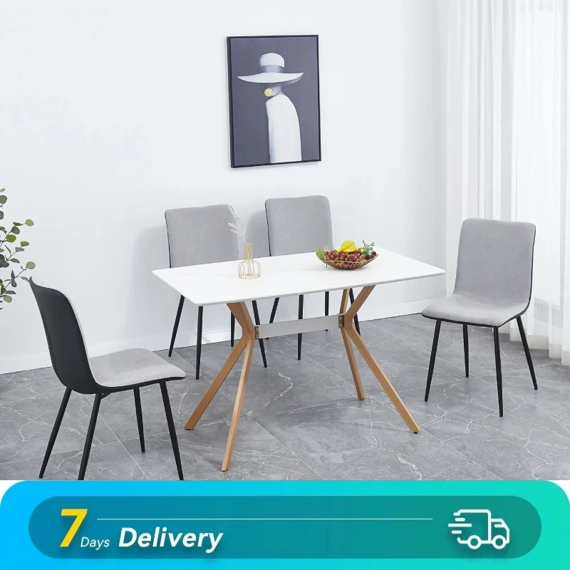 5pcs Dining Table Chair Set for 4 People Include 1 Modern Dining Table + 4 Fabric Cushion Seat Chairs[US-W]