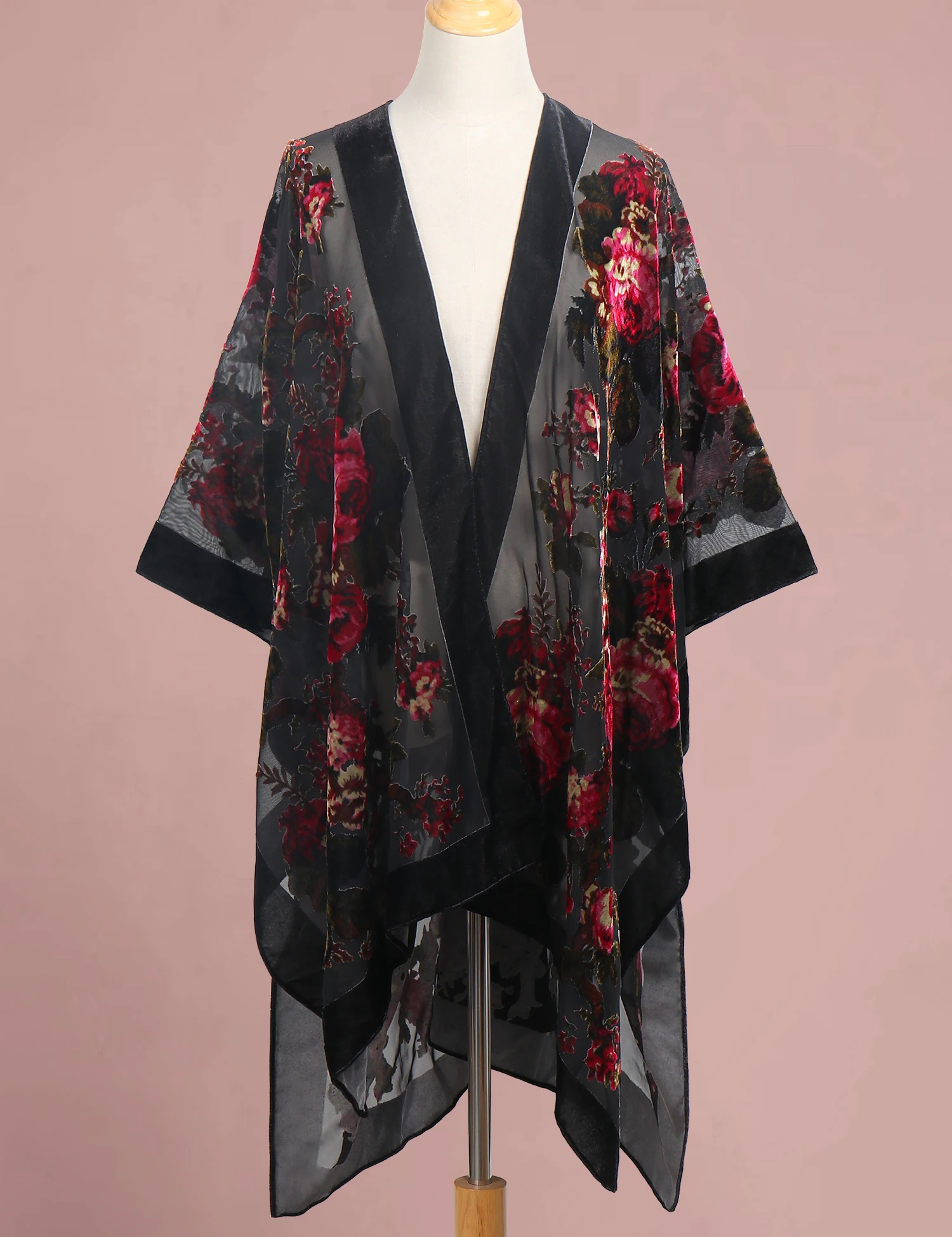 WeHello ผู้หญิง Burnout กํามะหยี่กิโมโนสีดํายาวเสื้อสเวตเตอร์ถักวันหยุดสบายๆเสื้อสเวตเตอร์ถัก Shawl Oversize Tops