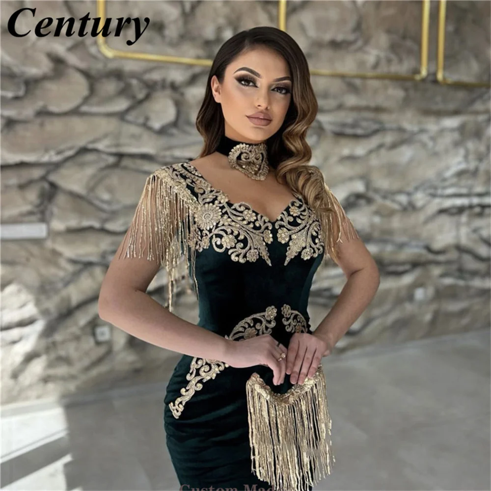 Green Dubai Kaftan Velvet Customized Evening Dress Applique Tassel V Neck Side Slit Women Arabic Formal Prom Dress robes du soir