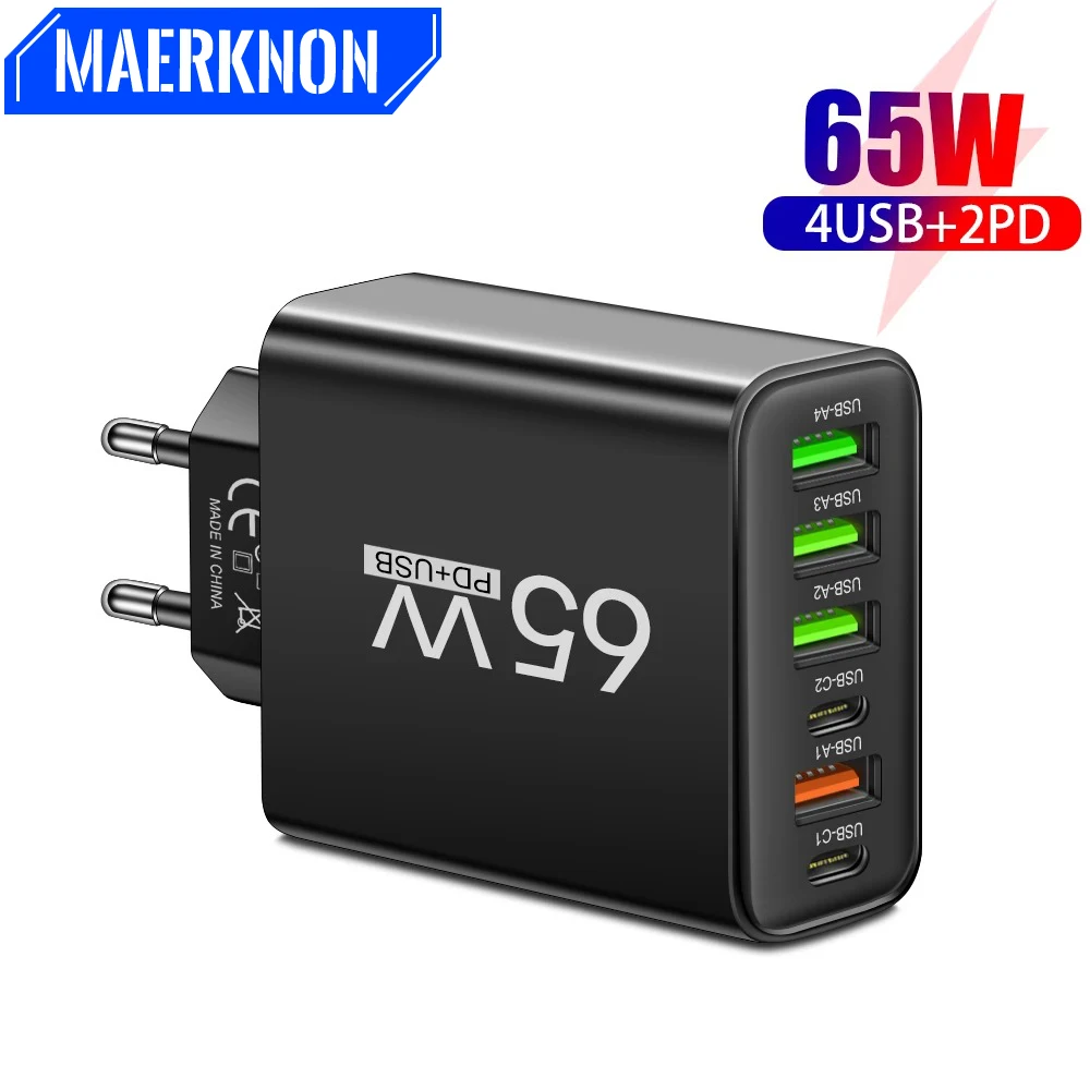 

65W USB C Charger 6 Ports Fast Charging Wall Adapter for iPhone 15 14 16 Pro Max Samsung Galaxy Xiaomi 14 Mobile Quick Chargers