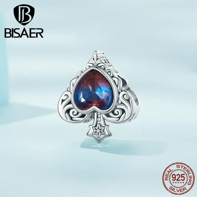 BISAER 925 Sterling Silver Vintage Spades Charm Heart Shaped Bead For Women Bracelet & Necklace DIY Fine Jewelry ECC2431