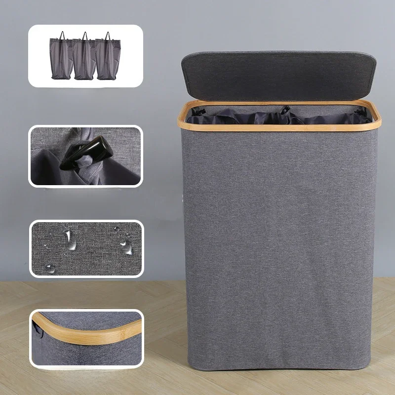 Mir à linge pliable extra large avec couvercle, 3 sections, sacs perfections, panier à linge sale, 160l