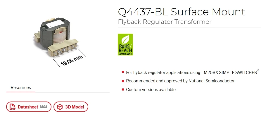 Q4437-BL Surface Mount Transformer, Flyback Regulator coilcraft Transformer Power Converter Transformers