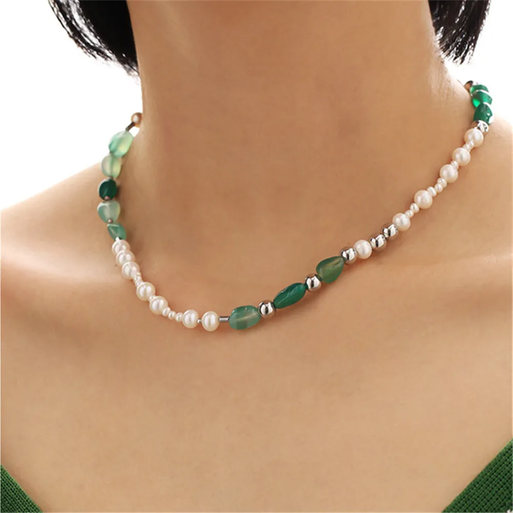 Natural Green Stone Pearl Beads Stitching Women Necklace Personality Clavicle Chain Ins Niche Design Female Fashion Jewelry Gift