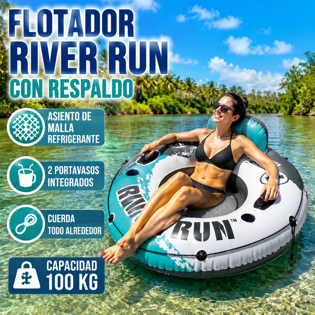 Bouée gonflable River Run 135 cm, PVC renforcé anti-crevaison, siège en maille, dossier ergonomique, deux porte-gobelets, poignées et corde de fixation, capacité de 100 kg, sûre et confortable pour les rivières, les lacs, les piscines et les jeux aquatiques estivaux