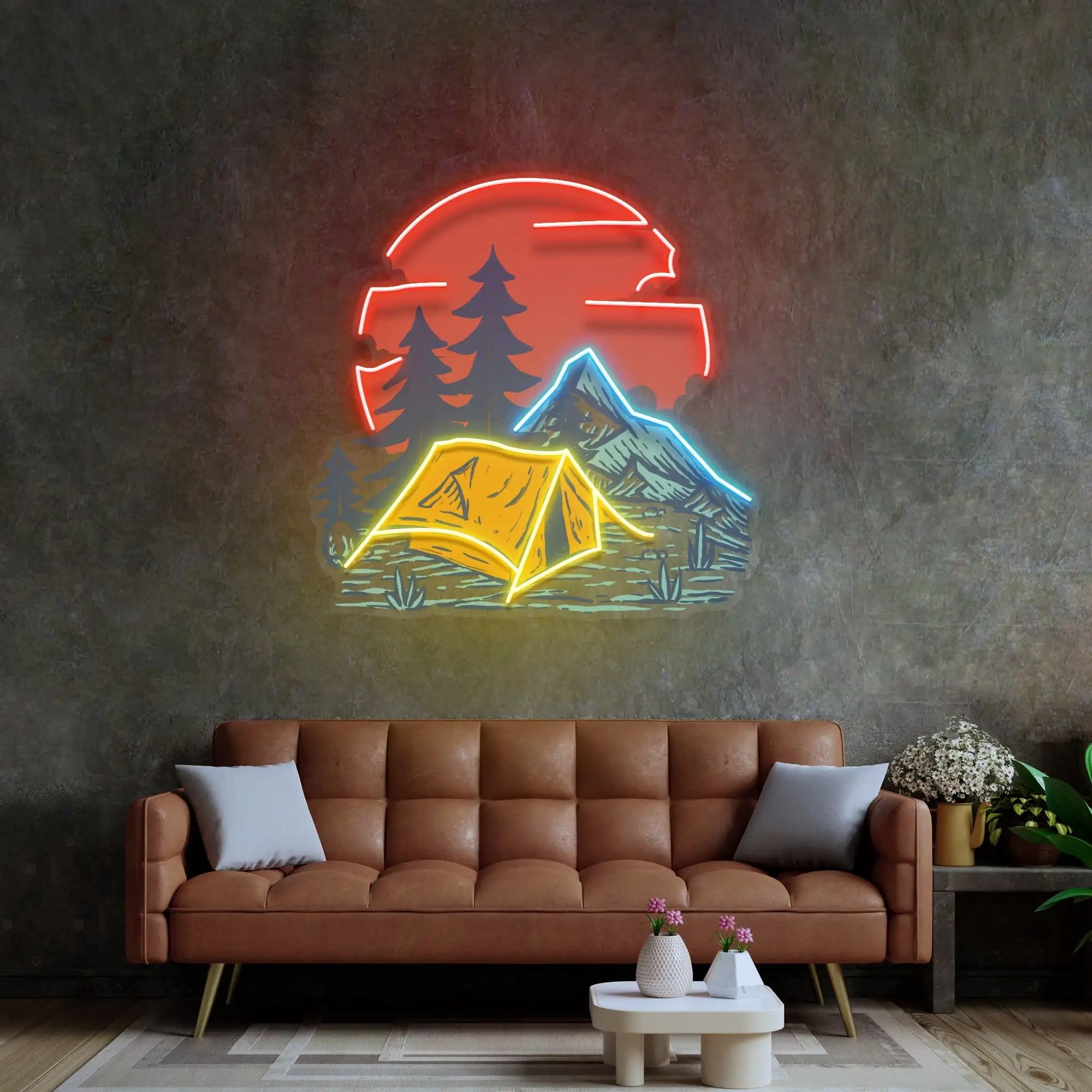 

Camping Moon Neon Sign Pop Art Wall Decor Mountain Scenery Sign Children Teens Bedroom Dimmable Sign Birthday Gift Bar Club Neon