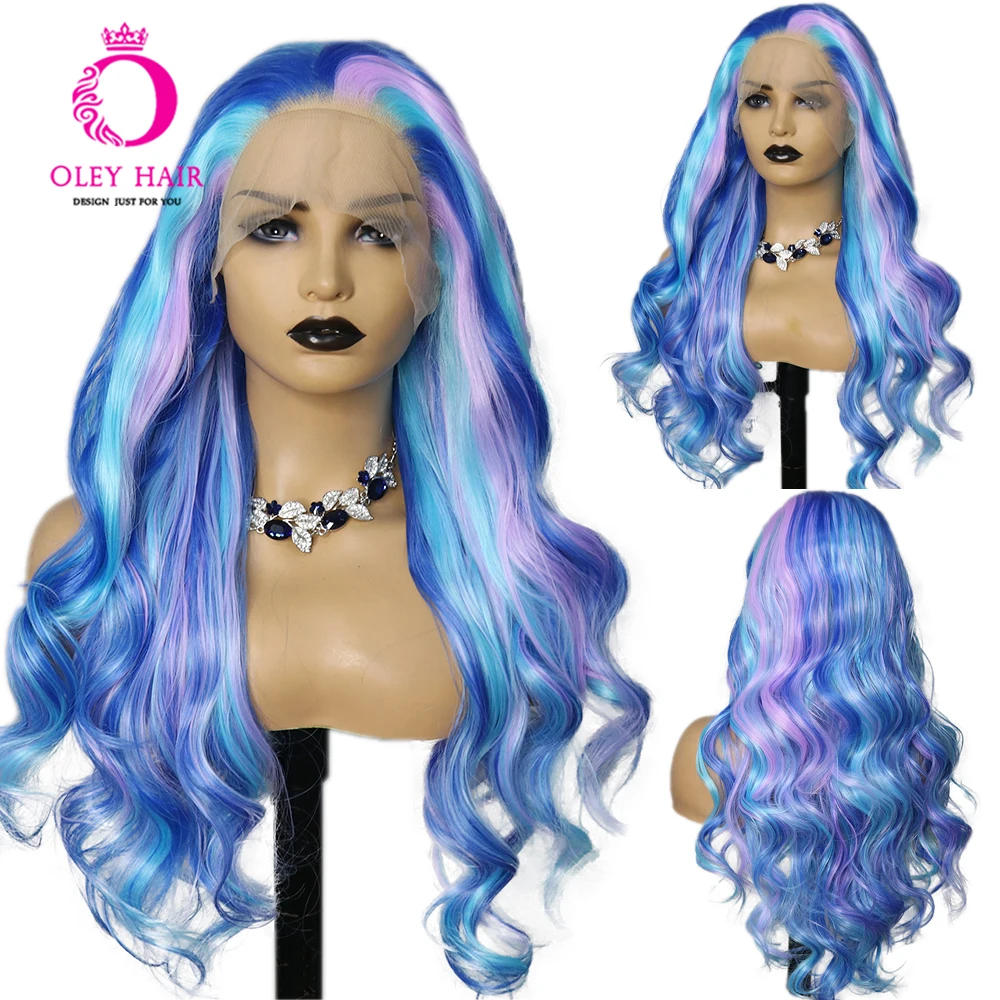 

30 Inch 13x4 Lace Front Synthetic Blue Color Body Wave Heat Resistant Drag Queen Cosplay Wigs For Women Pre Plucked 180 Density