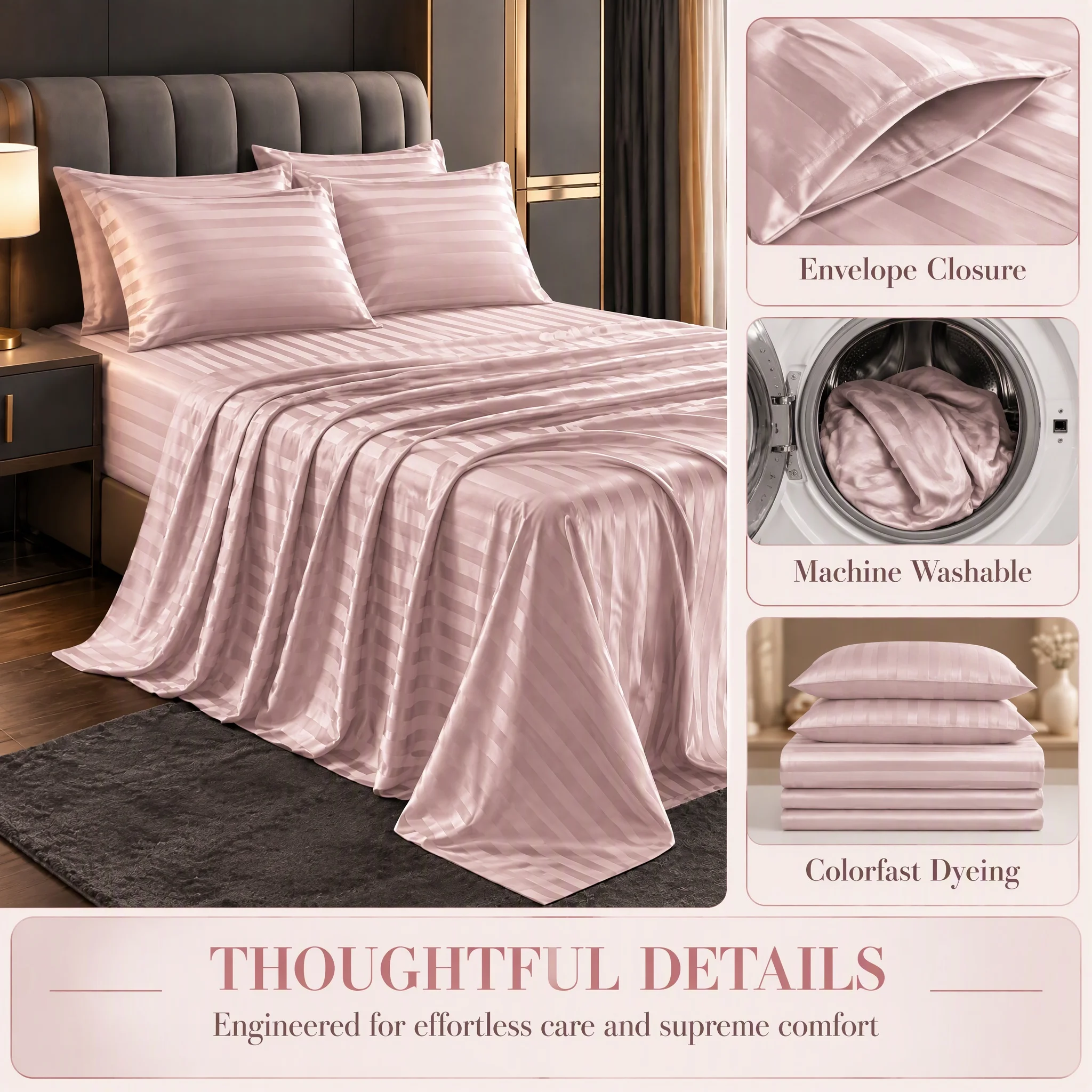 Striped Bed Sheet Set 4 Pieces, Twin Full Queen King Size, Elegant Luxury Bedding Set, Deep Pocket Fitted Sheet with Flat Sheet & Pillowcases, Wrinkle Resistant for Bedroom Decor
