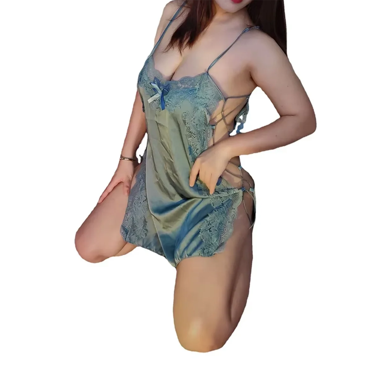 

40-100kg Large Size Women Dress Sexy Lingerie Satin Pajamas Sling Backless Side Slit Bandage Erotic Night Skirt Lady Underwear