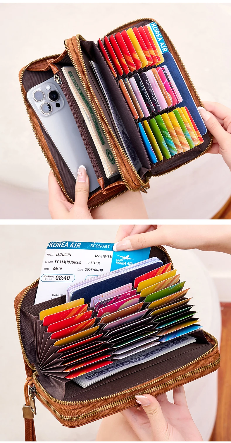 Stilvolle Damen-Langbörse mit Doppelreißverschlüssen, großer Kapazität, Akkordeon-Kartenhalter, Clutch, Retro-PU-Leder-Münzbörse, Unisex – Detail 11
