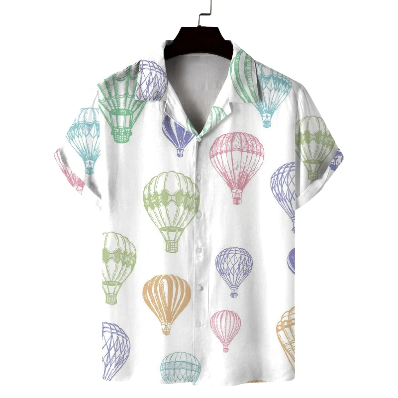 

Men's summer Cuban collar short-sleeved shirt romantic hot air balloon print men's shirt comfortable and breathable