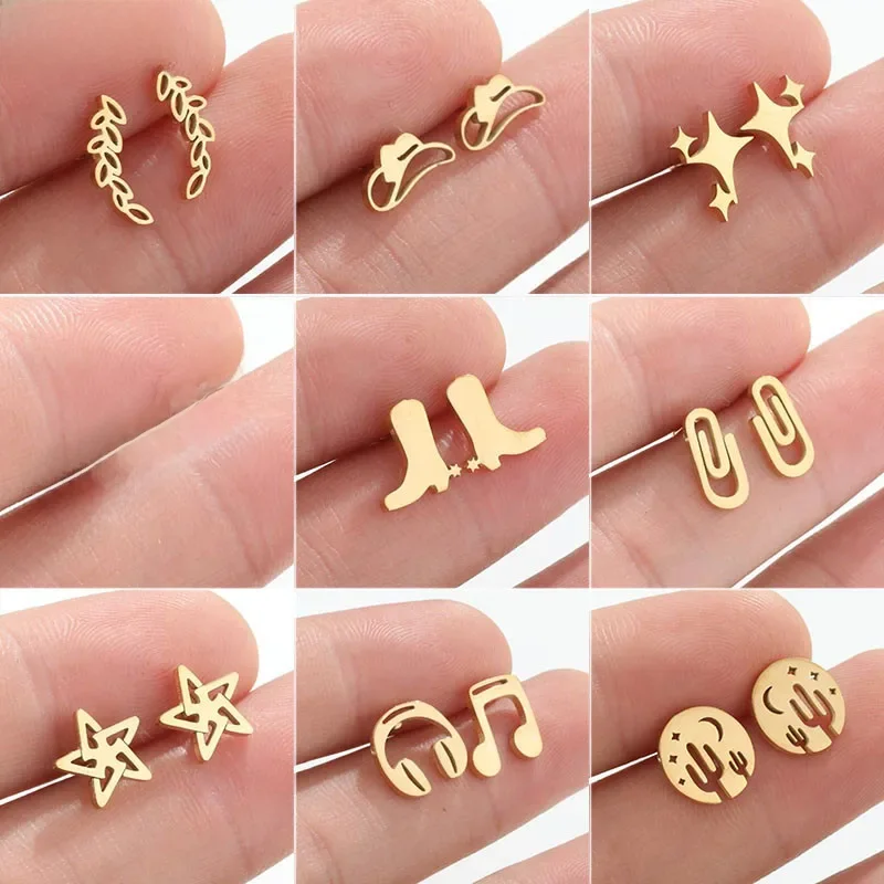 Boucles d'oreilles clous tendance en acier inoxydable pour femmes, motifs feuilles, bottes, étoiles, cactus, musique, petites boucles d'oreilles pour filles, clous d'oreilles pour cartilage