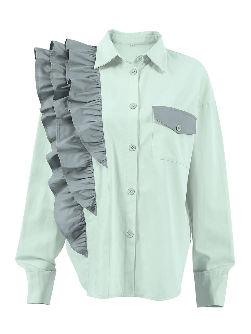 womens fashion 2024 flounce lapel single breasted irregular blouse casual color block loose blouse with pocket