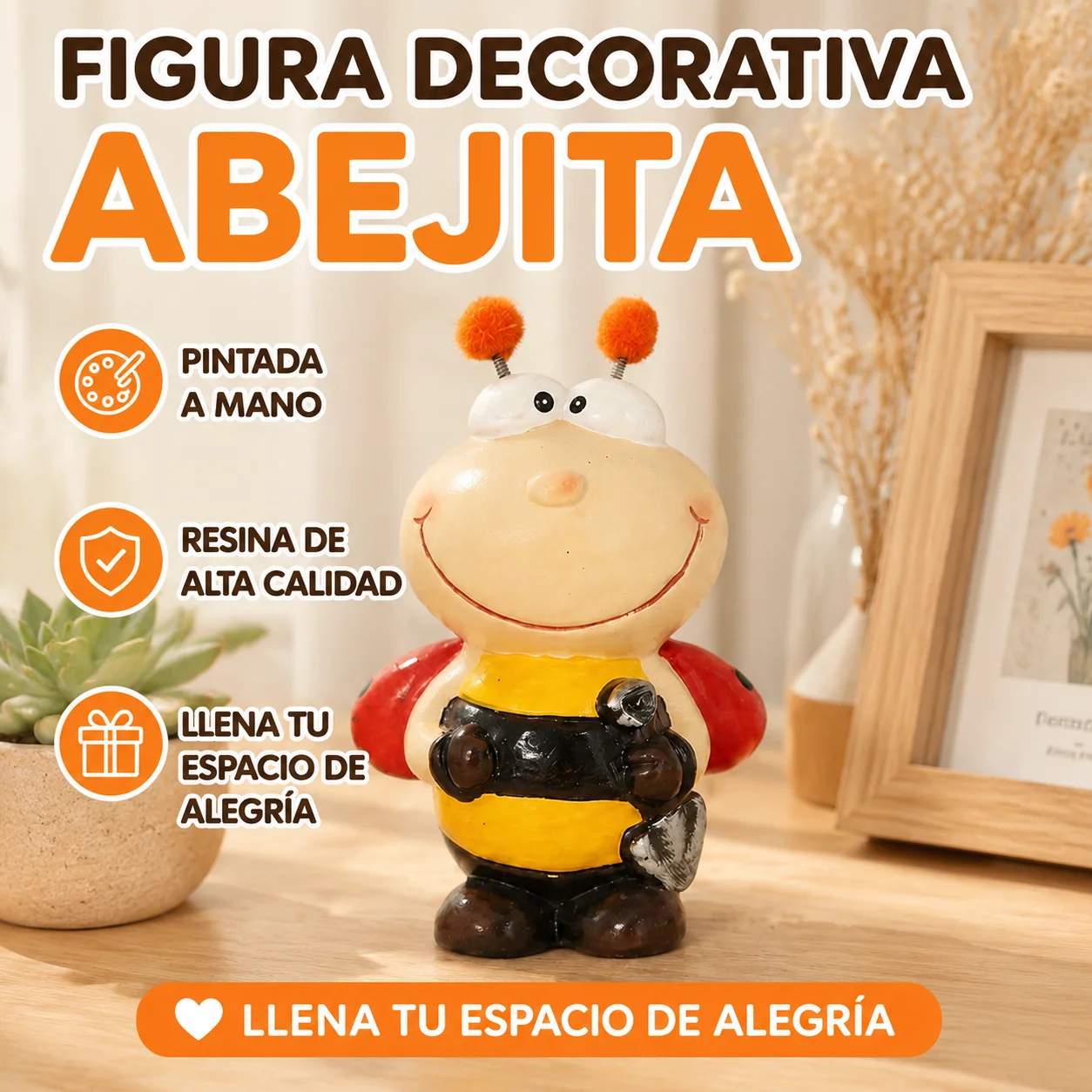 Figurine décorative en résine abeille-coccinelle souriante de 13,4 cm, peinte à la main avec des antennes en pompon doux, statue résistante aux intempéries pour jardin, pots de fleurs, chemins extérieurs, décoration de table intérieure et cadeau pour les amateurs de jardinage