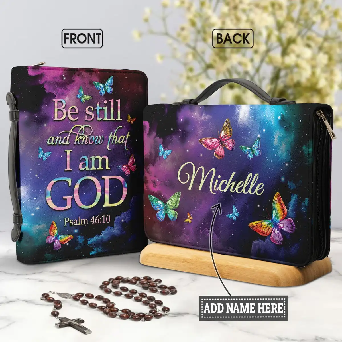 Women's PU Leather Bible Cover Be Still And Know That I Am God Butterflies Design Ladies Bible Storage Bags Custom Your Name Bag