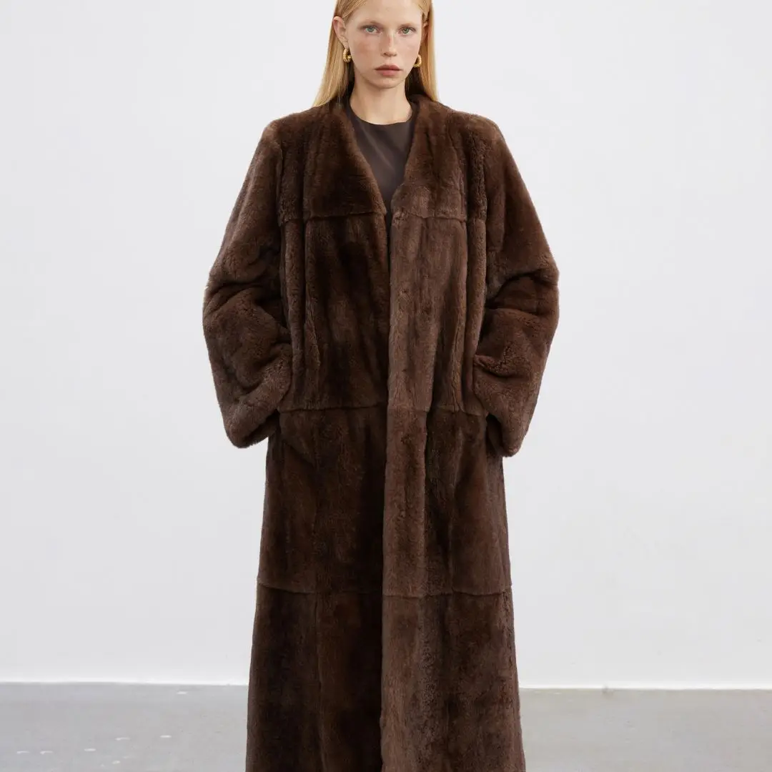 115cm Long Real Rex Rabbit Fur Coat V-neck Women Winter Fashion Wholeskin Genuine Rex Rabbit Fur Coats Luxury Outwear Woman