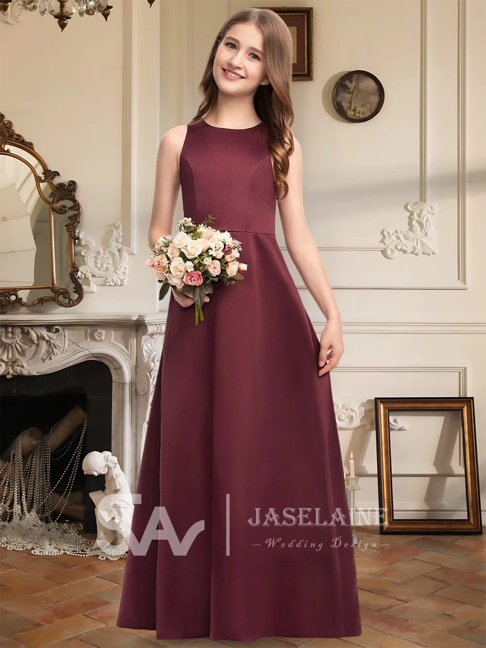 Элегантное платье подружки невесты с круглым вырезом, атласное трапециевидное платье длиной до пола с карманами, платье с цветочным узором для девочек, официальная свадьба для девочек