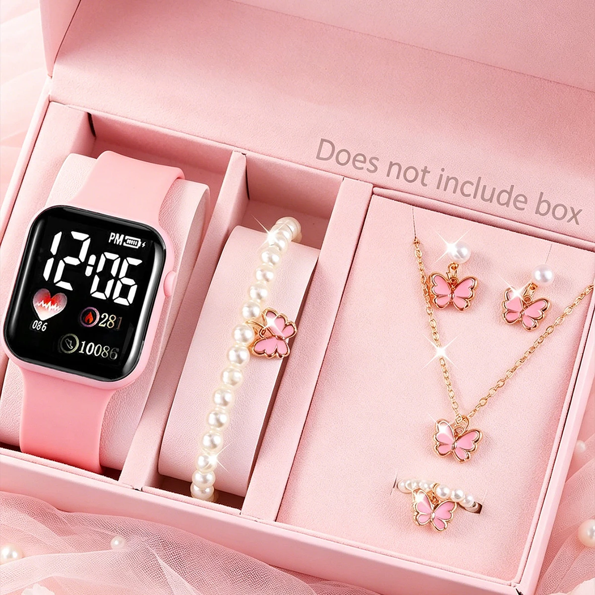 6-Piece Set, Children's Casual Cute Heart-Shaped Led Electronic Watch Paired with a Pearl Butterfly Bracelet, Necklace, Earrings, and Ring Set, Perfect for Everyday Casual Wear, a Great Gift for Kids.