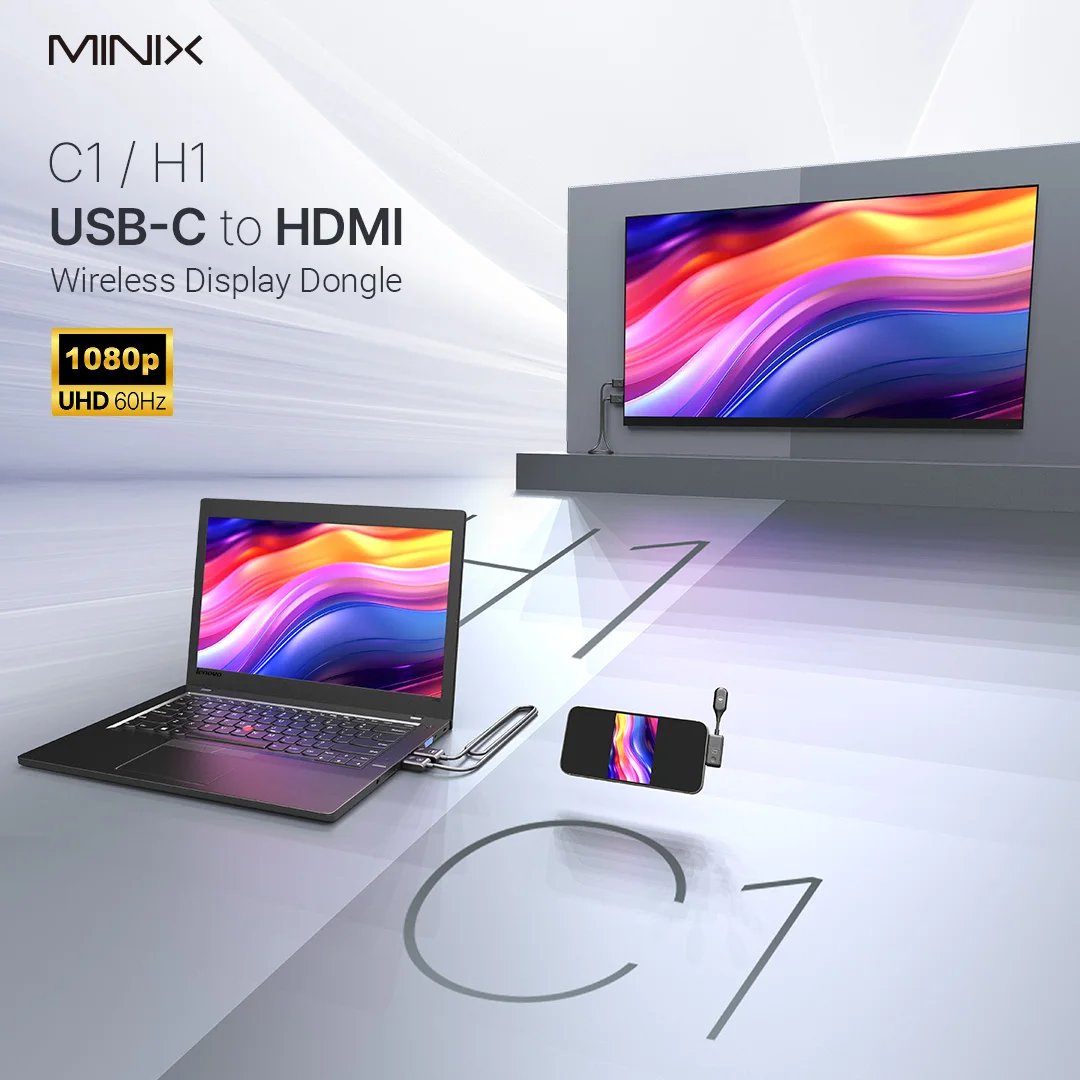 MINIX C1--Wireless USB-C to 1080P HDMI dongle for iPhone15,For laptops and all with DP-Alt video output