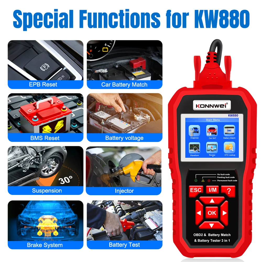 KONNWEI KW880 12V 車バッテリーテスターアナライザー自動診断ツールバッテリーマッチ 3 で 1 車 OBD2 スキャナフル OBD2 機能