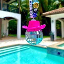 Pink Cowgirl CowBoy Hat Car Charm Rear View Mirror Hanging Disco Ball Bling Keychain Western Accessories Bag Decor Car Makeover