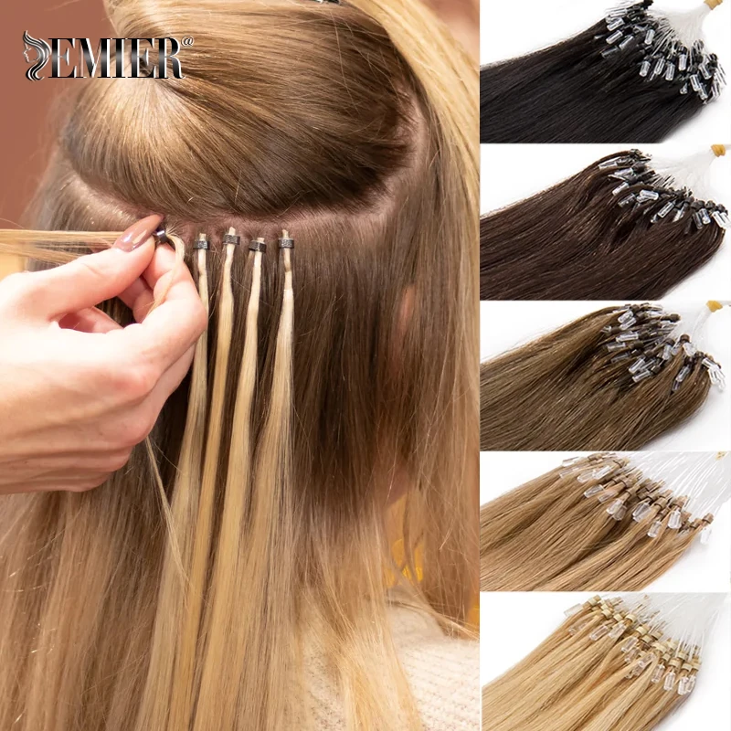 Micro Ring Extensões de Cabelo Humano para Mulheres, Micro Bead Loop, Pré Bond, 50 fios, reto, brasileiro, Remy