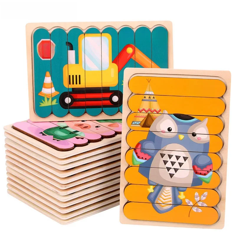 Puzzle en bois avec bande Double face, Animal de dessin animé, jeu de puzzle Montessori pour enfants, jouets éducatifs pour bébés
