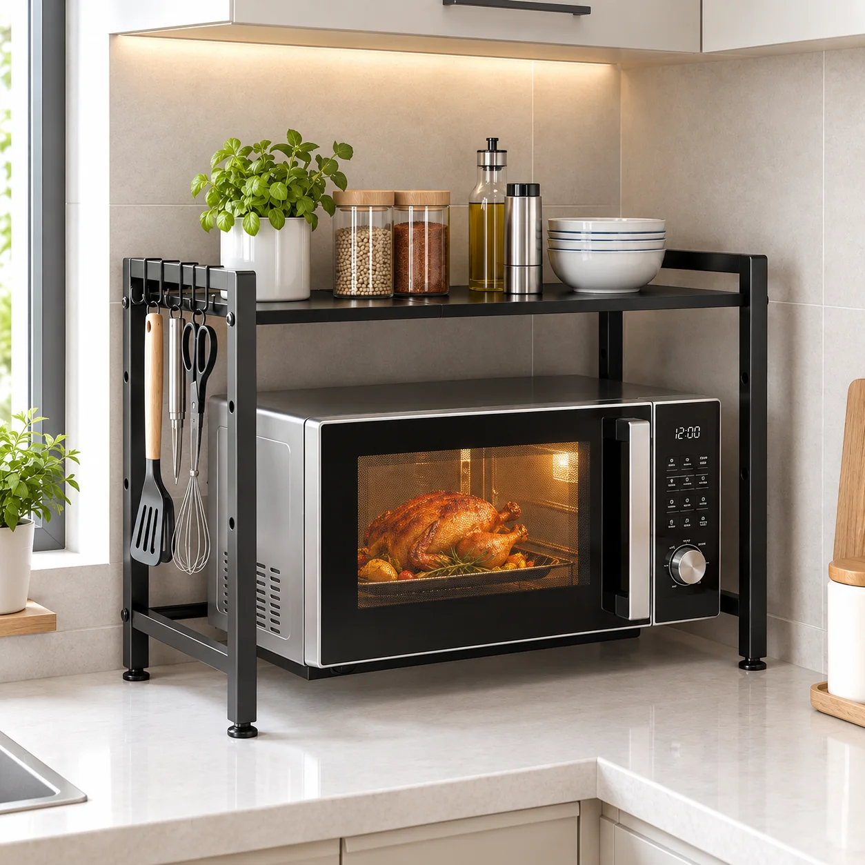 Rastrelliera regolabile per forno a microonde, da 38 a 64 cm, ripiano da cucina in acciaio al carbonio con 6 ganci, supporto robusto per elettrodomestici, capacità di carico fino a 50 kg, rastrelliera
