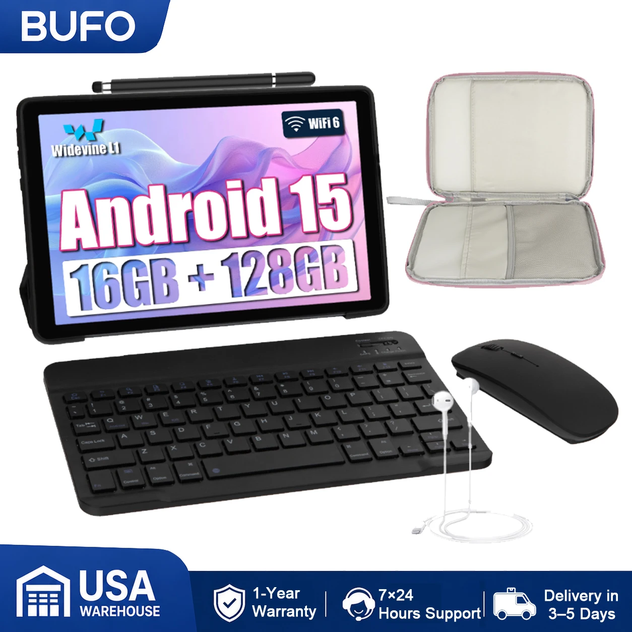 BUFO C108 Octa Core Tablet PC 10.1 Inch HD 800*1280 LCD 24GB(4G+20G Virtual RAM) 128GB EMMC Android 15 5000mAh Battery Dual Camera Support 1TB TF Expand Type-C 5V2A Tablet Optional Keyboard Mouse Storage Bag