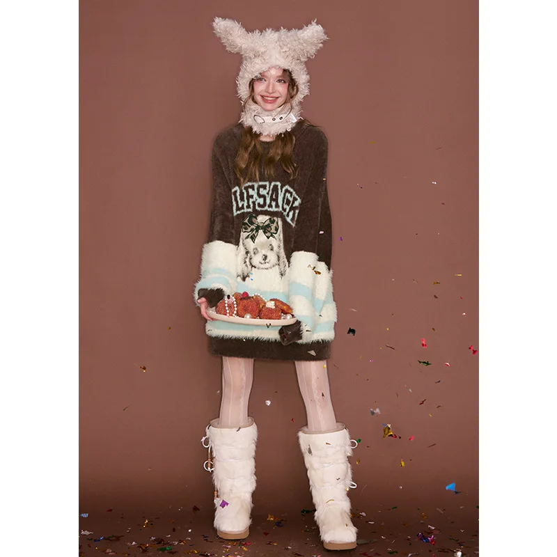 ELFSACK женский пуловер с длинными рукавами, свободный крой, круглый вырез, Y2K, бант с принтом собаки, сладкий, консервативный, повседневный, милый, крутой, вязаный