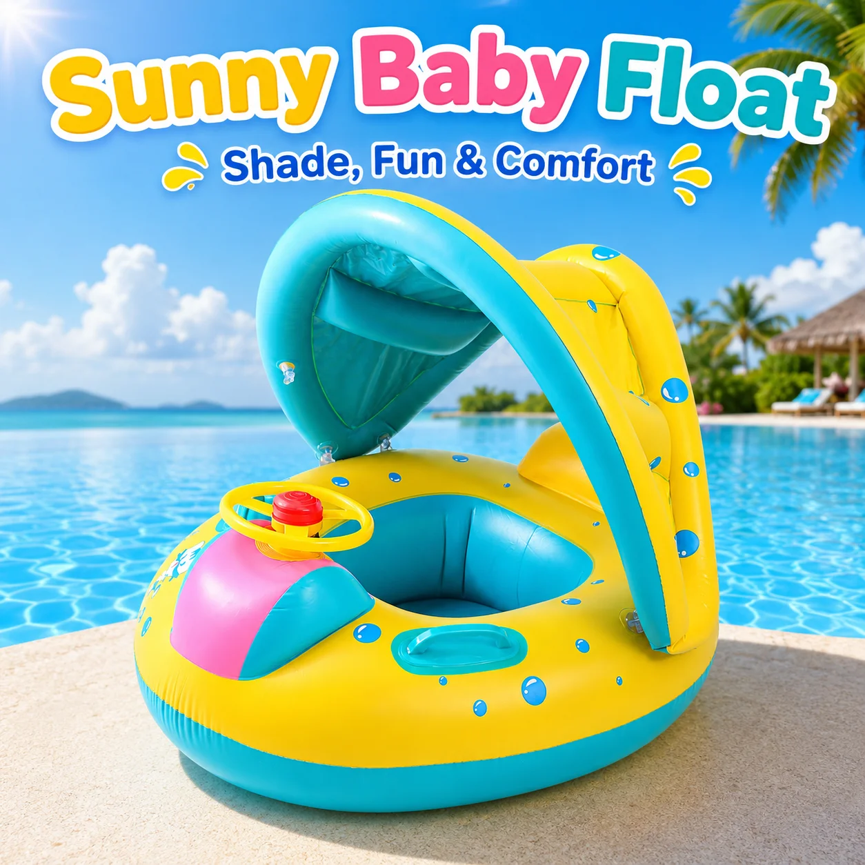 1PC Inflatable Pool Float with Canopy, Steering Wheel Toddler Swim Seat Ring, Summer Water Toy Pool Accessories